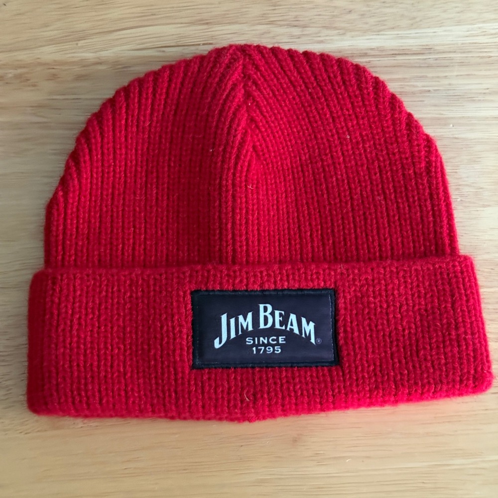 Jim Beam Red Ribbed‎ Knit Cuffed Beanie Hat Bourbon Whiskey Promo 100% Acrylic